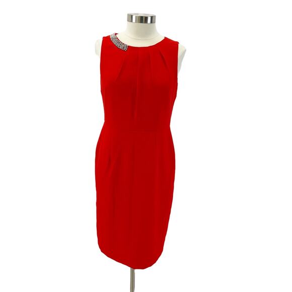 Red Sleeveless Sheath Dress with Bejeweled Neckline Party Cocktail - Picture 9 of 10